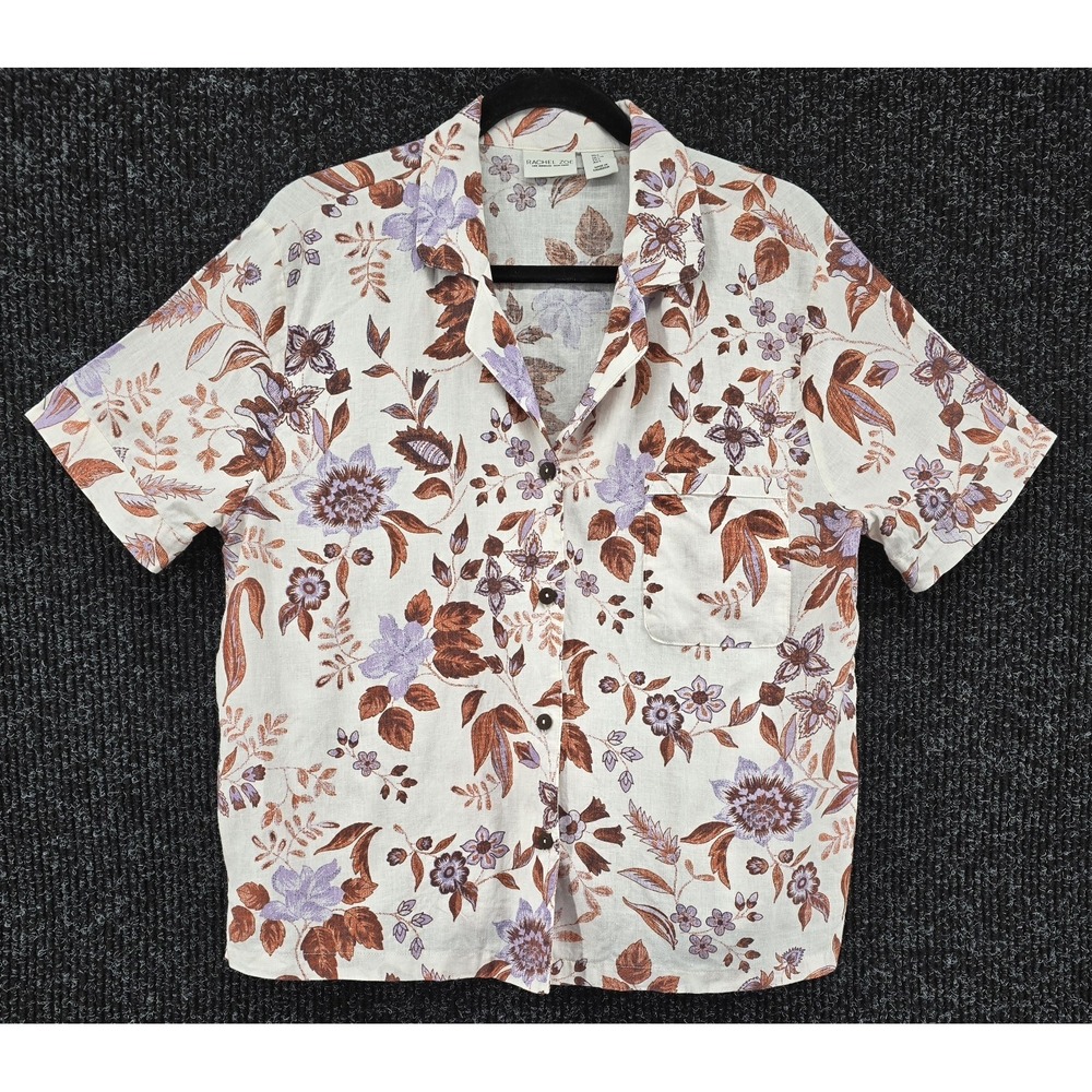 Rachel Zoe Tropical Linen Blend Shirt Women's L Button Up Multi Floral Coastal
